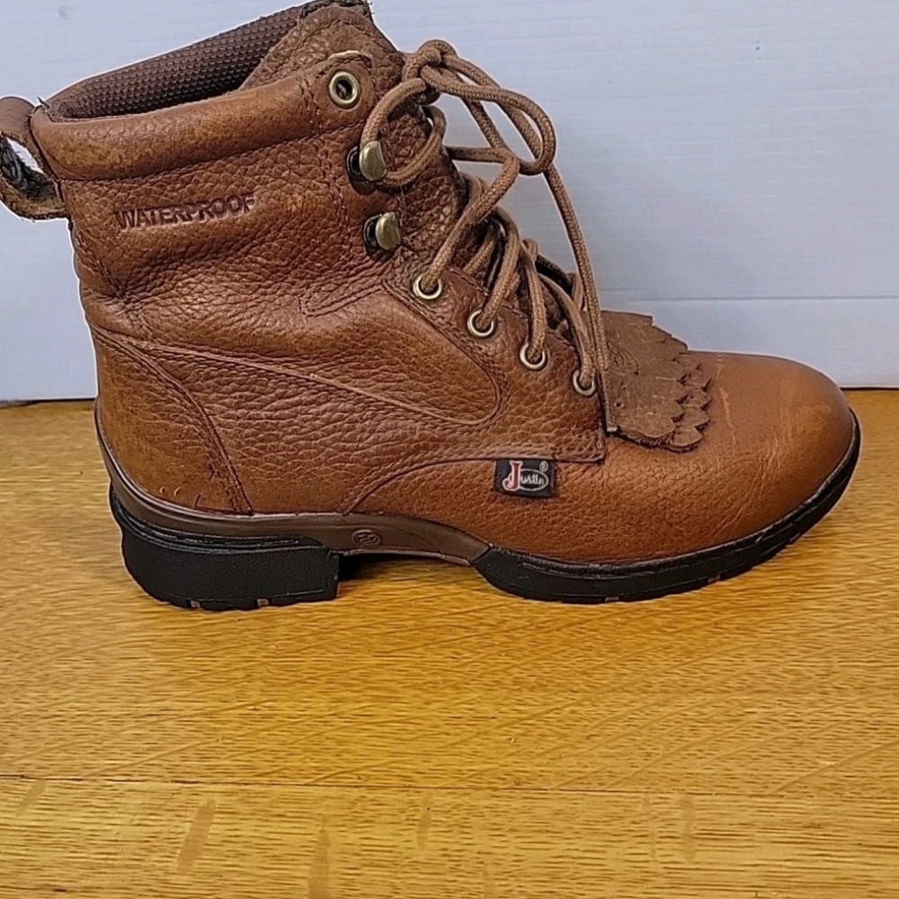 Justin Brown Leather Upper Lace Up Combat Moto Western Style Boots Sz 6B - Picture 10 of 15